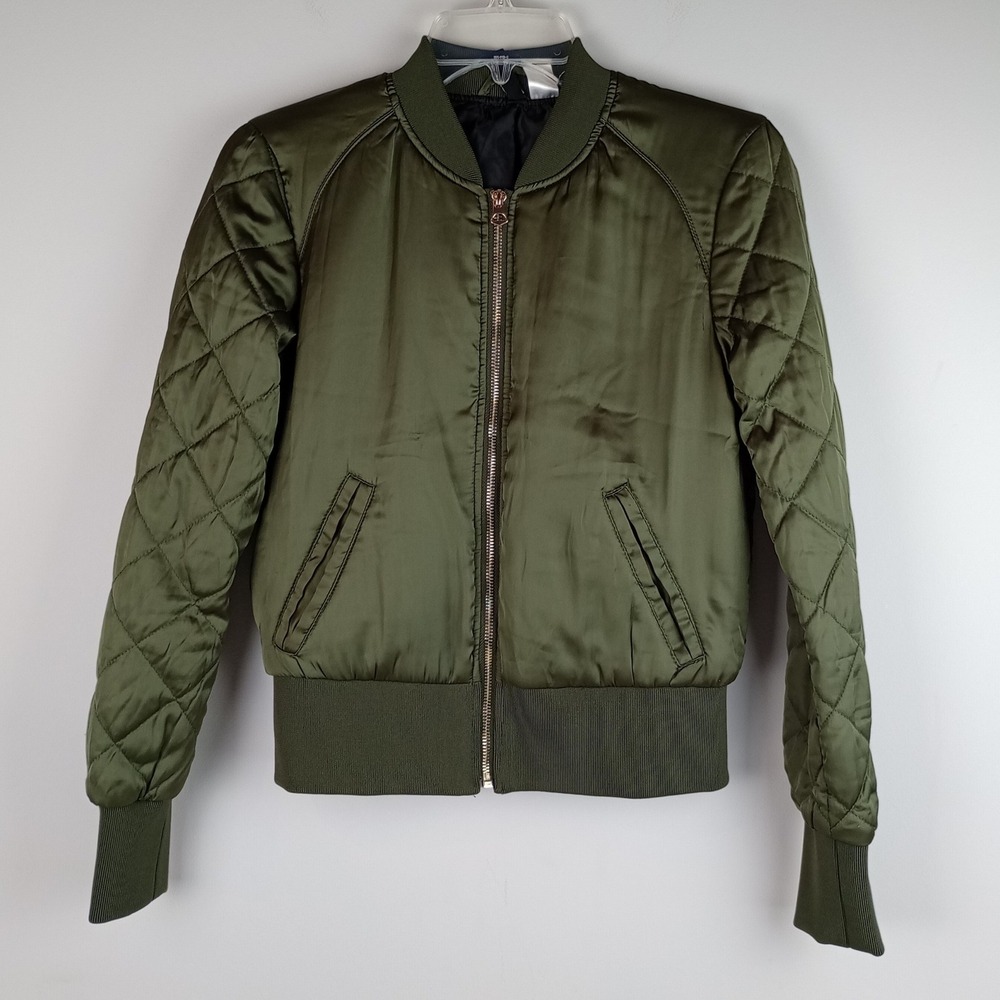 H&M Divided Womens 6 Green Quilted Sleeve Satin Full Zip Bomber Flight Jacket